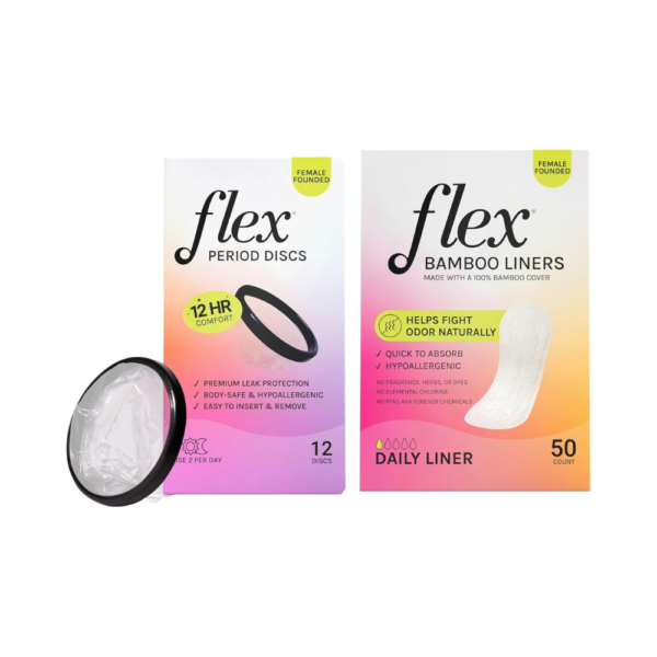 FLEX Bamboo Panty Liners (50ct) + Flex Menstrual Discs (12ct) Bundle – Tampon Alternative, PFAS-Free, Odor-Fighting, Ultra-Thin Liners with Natural Bamboo – 5x Capacity of Super Tampon