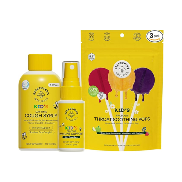 Beekeeper's Naturals Kid's Immune Support Essentials – Propolis Throat Spray, Honey Cough Syrup & Soothing Lollipops – Natural Immune Support with Elderberry, Zinc & Vitamin C – Sore Throat Relief for Kids