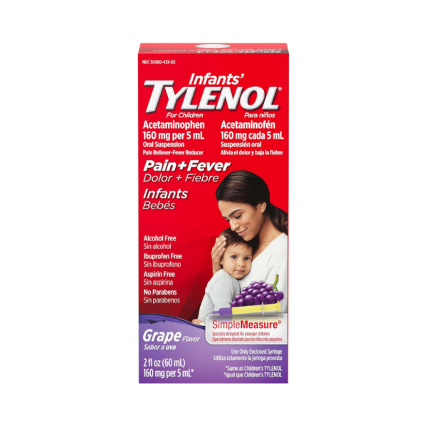 Infants' TYLENOL Oral Suspension, Grape Flavor, 2 fl oz – Pain & Fever Reducer with Acetaminophen – #1 Pediatrician Recommended Brand