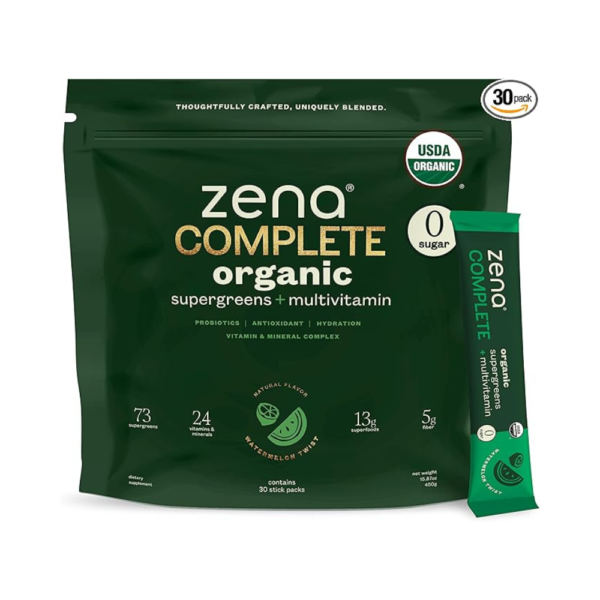 Zena Complete Organic Super Greens Powder & Multivitamin – 90+ Superfoods, Fruits & Veggies – Prebiotics, Probiotics, Fiber – No Sugar – Watermelon Citrus Flavor – 30 Convenient Stick Packs