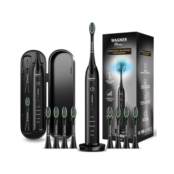 Wagner Stern Ultrasonic Whitening Toothbrush with Pressure Sensor 5 Brushing Modes, 4 Intensity Levels, 8 Brush Heads, Smart Timer & Travel Case