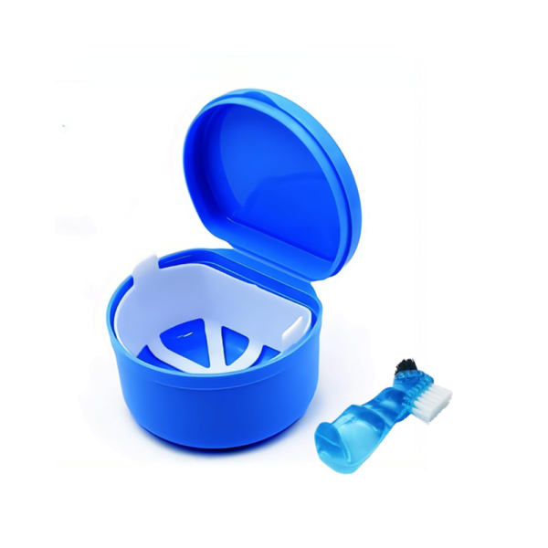 Dark Blue Denture Bath Box with Brush – Durable Denture Cup with Drain Basket, Lid & Cleaning Holder – Multi-Use Storage for Dentures, Mouth Guard, Night Guard & Oral Appliances