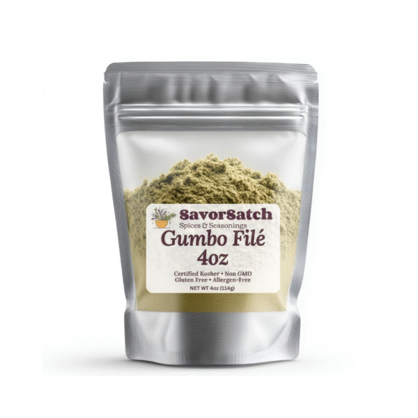SavorSatch Gumbo Filé Seasoning Powder 4 oz – Sassafras, Thyme & Oregano Blend, Cajun & Creole Spice, Kosher, Non-GMO, Resealable Pouch