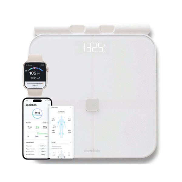 ExerScale AI Smart Scale with Body Weight Prediction, BMI, Body Fat, Muscle Mass, Workout, Food Tracking, Bluetooth Digital Scale with 8 Electrodes, High Accuracy Health Analyzer by EXERCHAIN - White